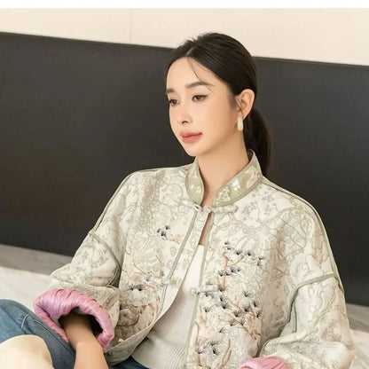 High Quality Jacquard Embroidery Short Jacket Women Loose Vintage Korean Long Sleeve Tangsuit Cheongsam Coats Chinese Style Tops