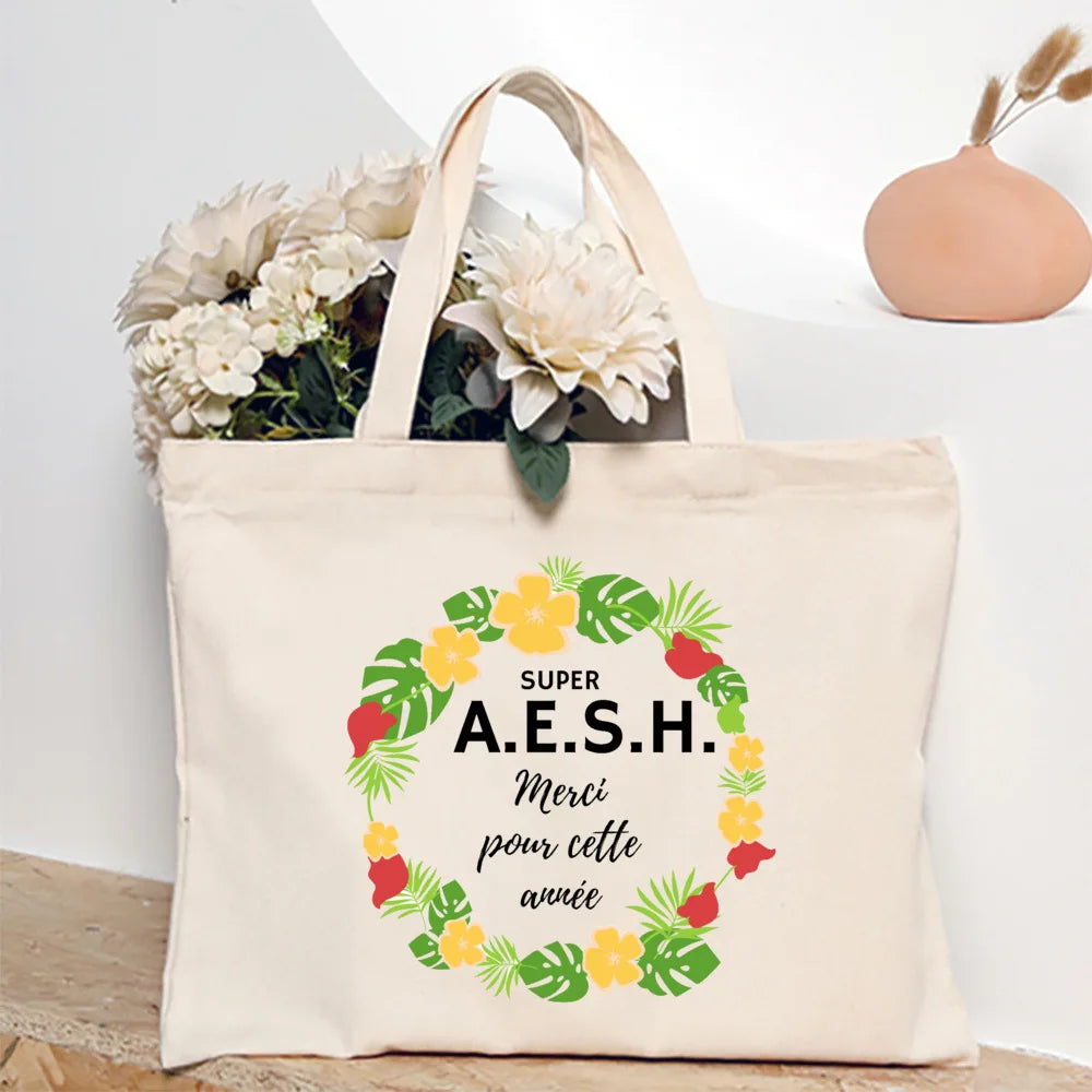 Merci Aesh French Printed Women Tote Bag Canvas Shopping Bags Female Shoudler Bag  Travel Handbag Graduate Thanks Gift for Aesh