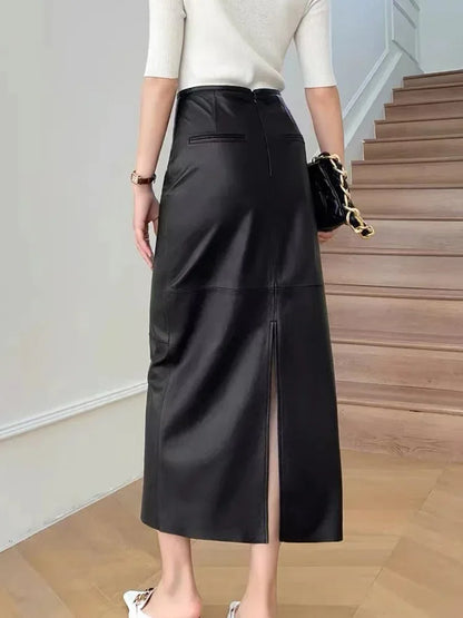 2025 Autumn/Winter Women Leather Maxi Skirt Feminino High End Vintage Back Split Wrapped Saias Slim Ankle Long Faldas Largas