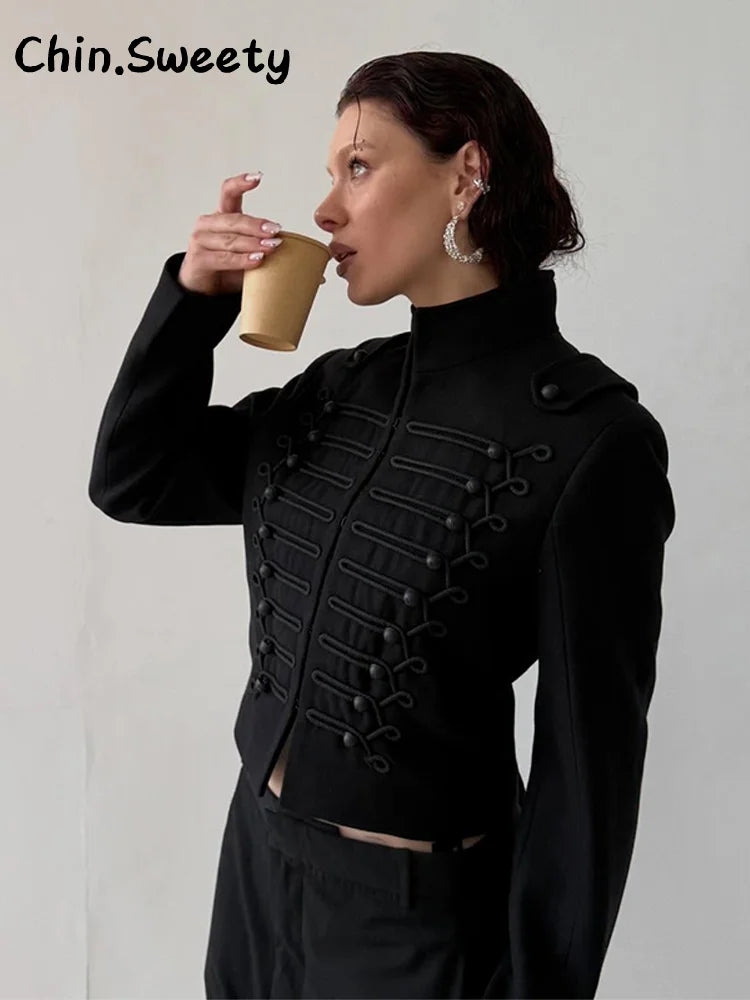 Vintage Cropped Napoleon Jacket Women Solid O-neck Long Sleeve Single Breasted Jackets Female 2026 Spring Lady Chic Outwear New