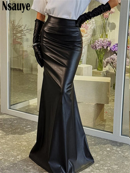 Nsauye Fashion Elegant PU Leather Long Package Skirts High Waisted Maxi Y2K Sexy Women Wrap Skirt Vintage Clothes 2025 Autumn