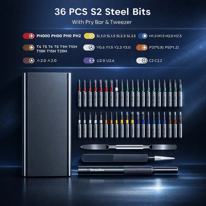 Precision Screwdriver Set, Screwdriver Kit with 36 Long S2 Bits, Magnetic Repair Tool for Glasses, Watches, PC, Computer, Camera