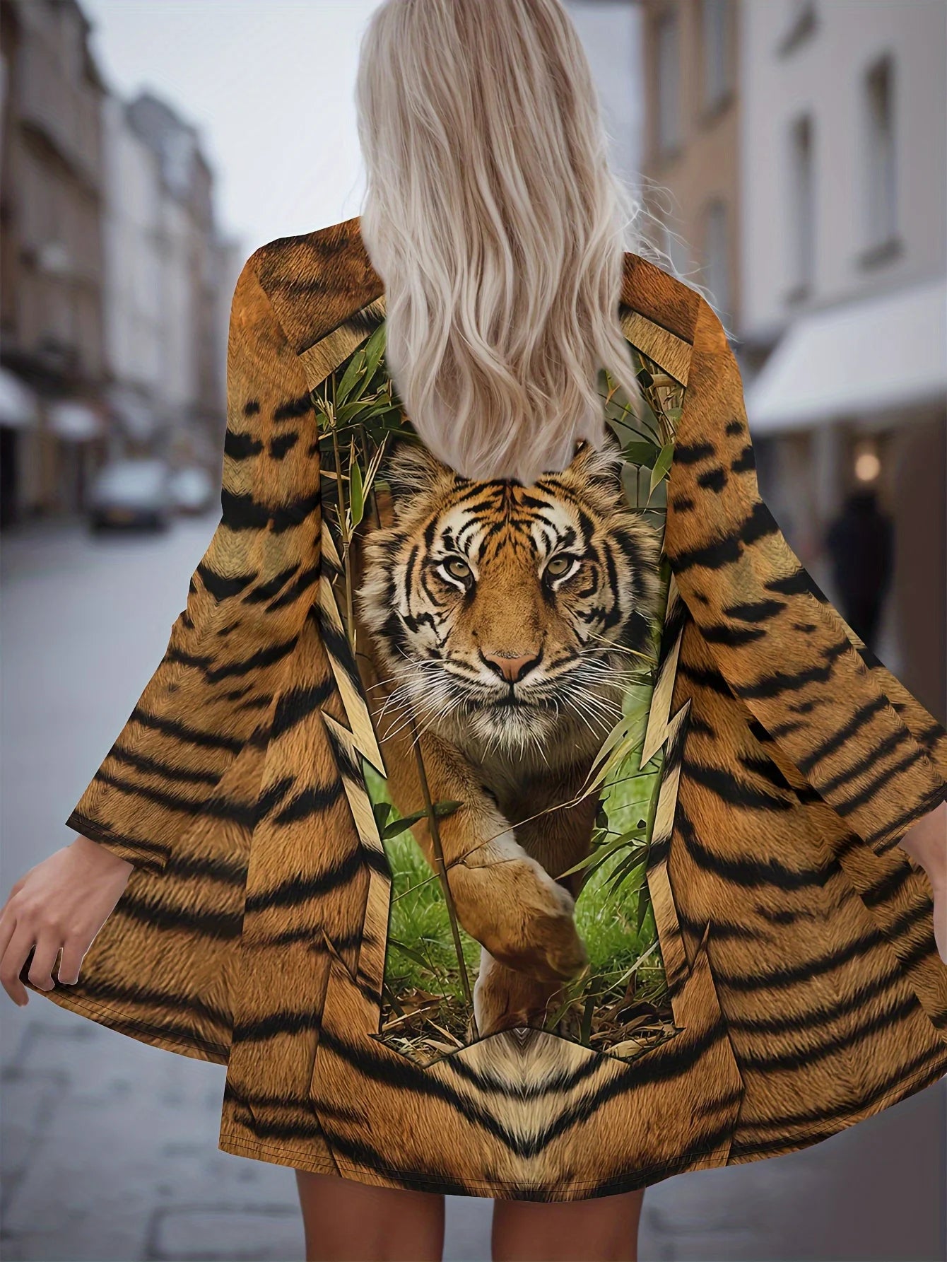 Women's Winter Jacket with 3D Tiger and Lion Animal Prints, Front-Opening Loose Fit Cape, Casual Polyester Women's Clothing