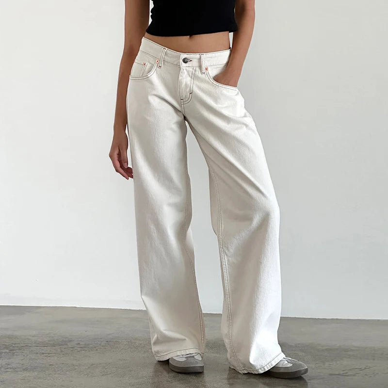 Maemukilabe Women Y2K Aesthetic Low Rise Baggy Jeans Loose Fit Boyfriend Straight Wide Leg Denim Pants Trendy Stretch Trousers