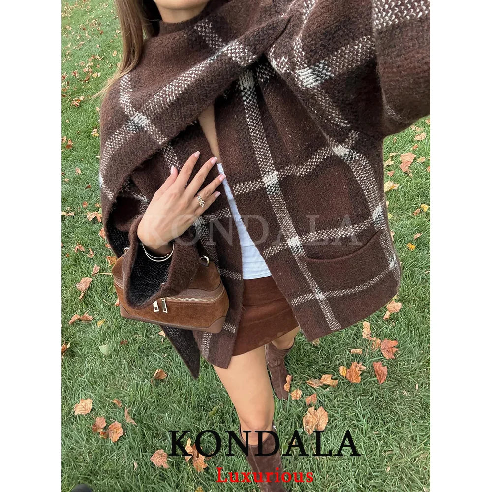 KONDALA Vintage Plaid Knit Scarf Jackets Women Open Stitch Scarf Pockets Loose Coats Fashion 2025 Autumn Winter Casual Outwears