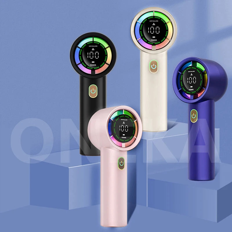 Portable handheld fan, 4 trendy colors, delivers refreshing cool breeze, stylish and versatile, with long-lasting battery life.