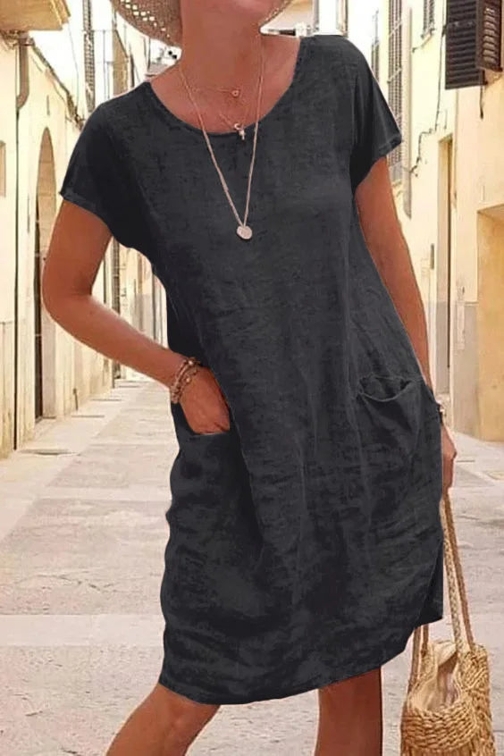 Women's Casual Midi Dresses 2025 New Summer Cotton Linen Short Sleeve Dress Летнее Платье Vestidos De Mujer Black Dresses
