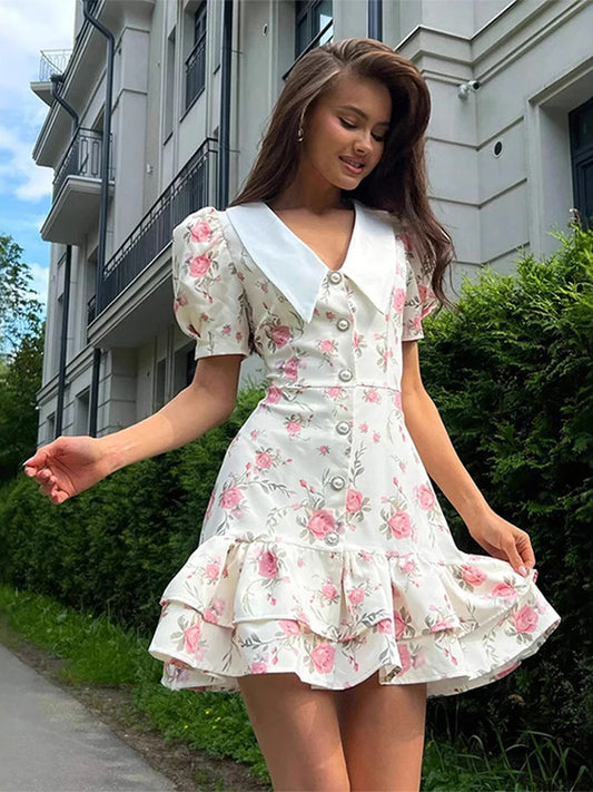 Short Puff Sleeves Print Ruffled Hem Dress Women V-Neck  Pearl Buttons High Waist A-line Mini Dress Female Holiday Slim Robe