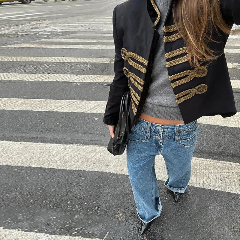 Fashion Chic Napoleon Cropped Jacket Women O-neck Long Sleeve Black Short Coats 2026 Spring Elegant Lady Commute Outerwear