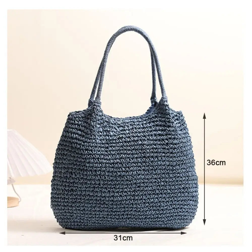 Fashion Straw Tote Bag Woven Solid Color Beach Bag Large Capacity Square Casual Shoulder Bag