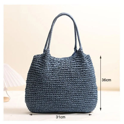 Fashion Straw Tote Bag Woven Solid Color Beach Bag Large Capacity Square Casual Shoulder Bag