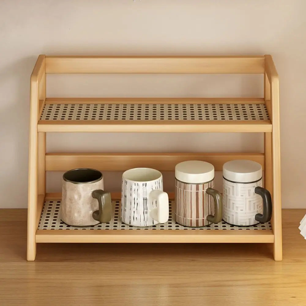 Display Rack Spice Rack Wooden Storage Shelf for Kitchen Rattan Desktop Organizer for Countertop Makeup Organizer