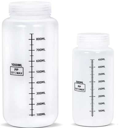 Set of 2 Wide Mouth Plastic Bottles with Lids PP Containers Jars 500ml 1000ml for Water Juice Liquid Storage Bottle