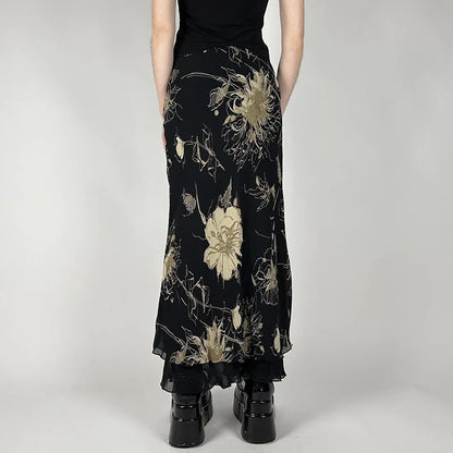 Goth Dark Y2K Aestheics Double Layer Mesh A-line Skirt Women Fashion Florals Print Slim Skirts Fairy Streetwear Gothic Bottoms