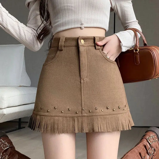 Sweet Fashion Autumn New Deer Skin Velvet Women Solid Tassel Zipper Pockets Patchwork Chic High Waist Slim A-line Hip Wrap Skirt