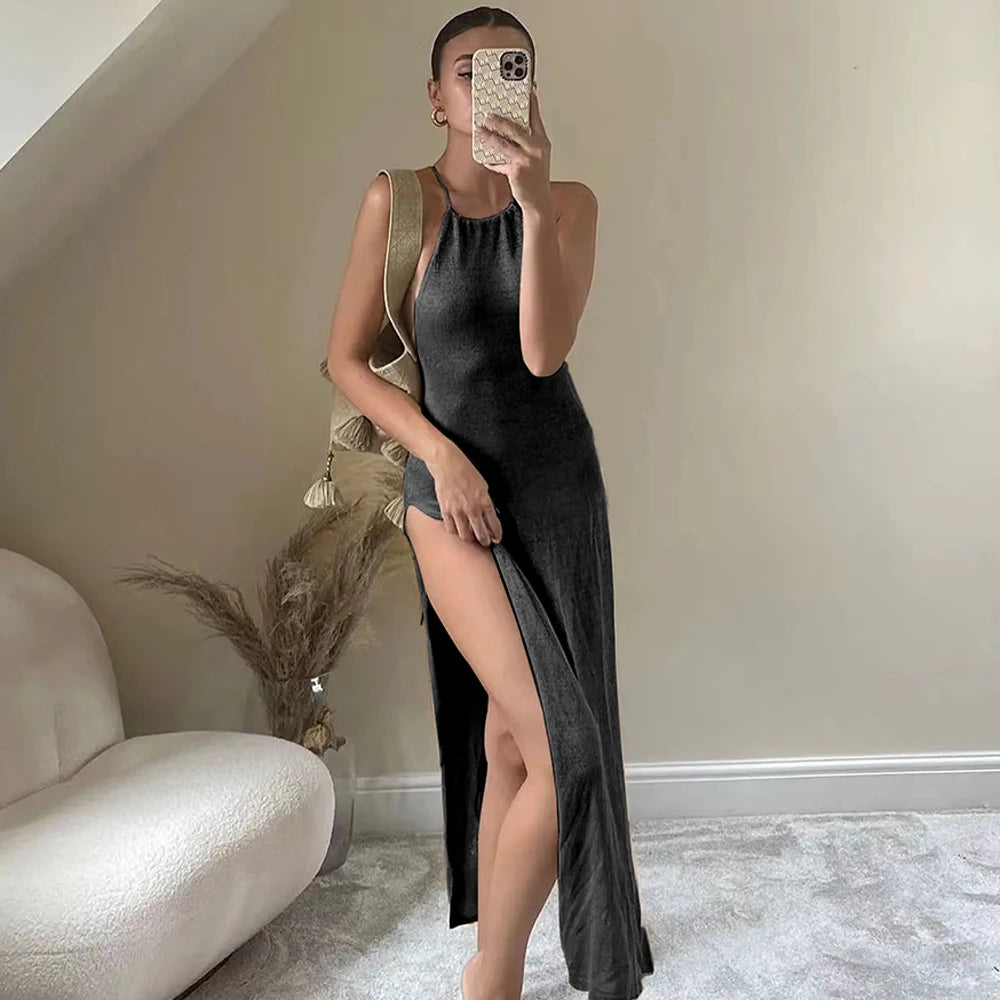 2025 Kintted Cover Up Beach Sexy See Through Maxi Slit Bodycon Summer Dress Bikinis Cover-ups  Elegant Halter Beachdress