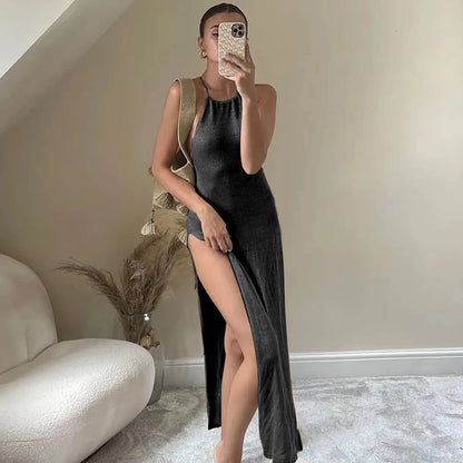 2025 Kintted Cover Up Beach Sexy See Through Maxi Slit Bodycon Summer Dress Bikinis Cover-ups  Elegant Halter Beachdress