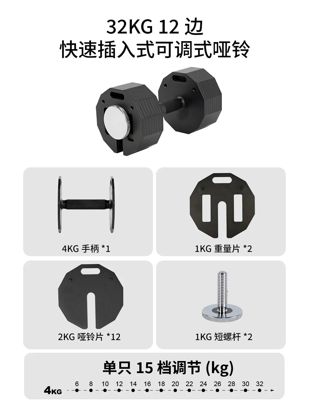 New Hot Selling Twelve Sided Adjustable Dumbbells, Quick Disassembly Men's Dumbbell, 2kg Incremental Plug-In Pure Steel Dumbbell