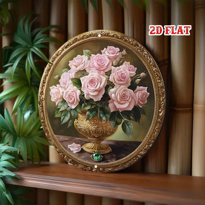 Classic Tin Decor-Elegant Gold-Framed Painting of Pink Roses in Ornate Vase,Round Poster for Living Room,Studio,or Diner Terrace