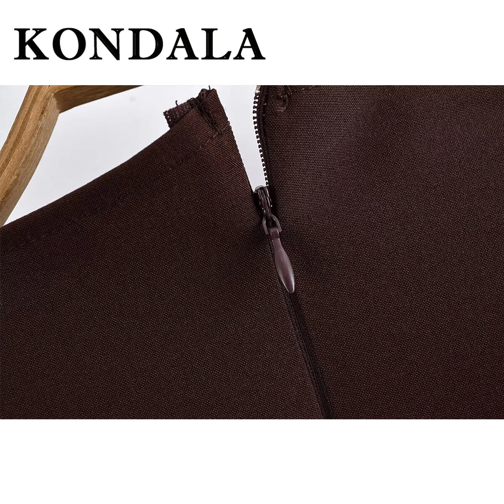 KONDALA Vintage Brown Elegant Woman Dresses Fashion 2025 Pleated Asymmetric Sleeveless Dress Chic Evening Party Female Vestidos