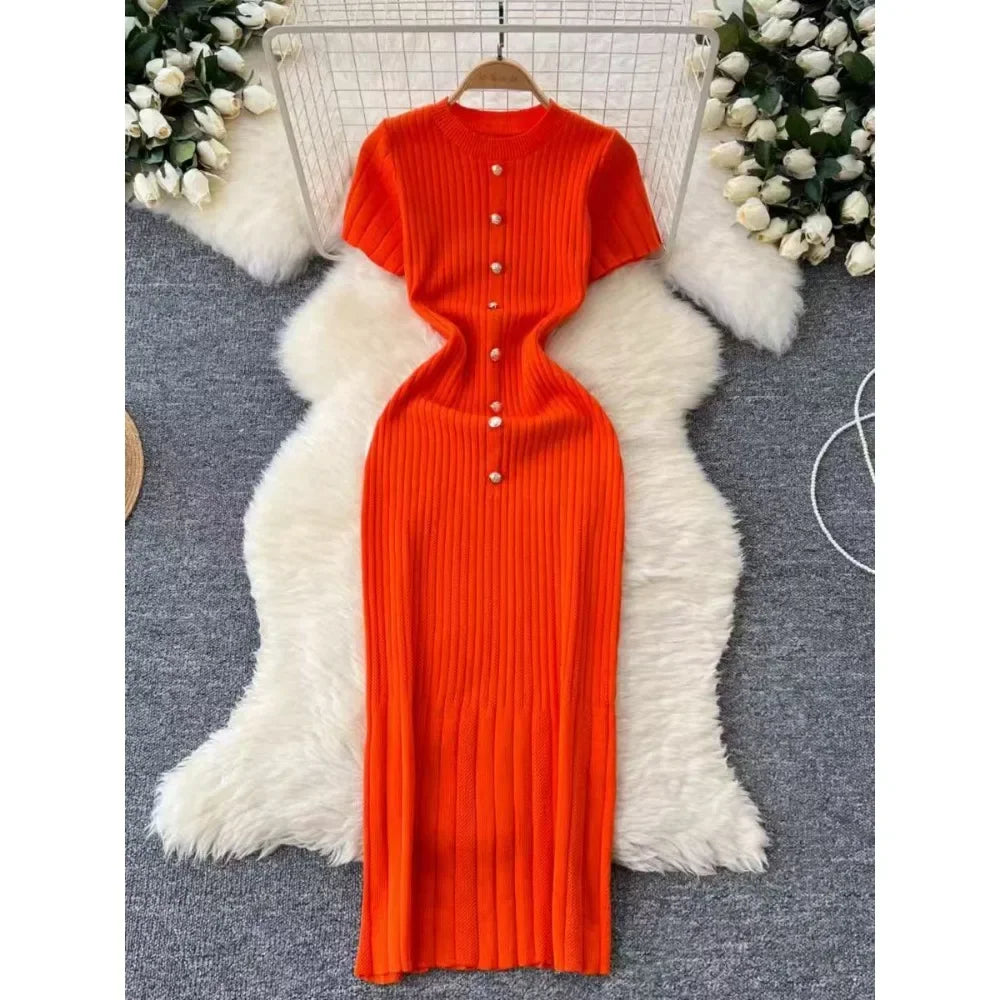 Chic O-neck Elegant Short Sleeve Slim Single Breasted Knit Dress High Street Women Vintage Korean Office Lady Casual Clothing