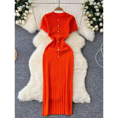 Chic O-neck Elegant Short Sleeve Slim Single Breasted Knit Dress High Street Women Vintage Korean Office Lady Casual Clothing