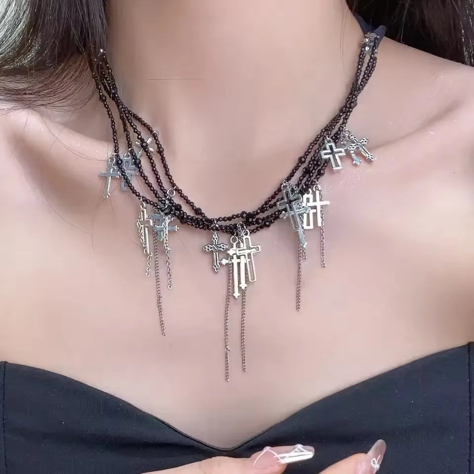 Goth Y2K Angel Wing Feather Star Cross Heart Cat Claw Pendant Bead Chain Choker Necklace For Women Harajuku Jewelry Accessories