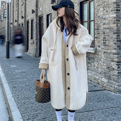 Hooded Wool Coats Women Autumn Winter Thicken Korean Style Casual Lambswool Loose Simple All-match Streetwear Patchwork Elegant