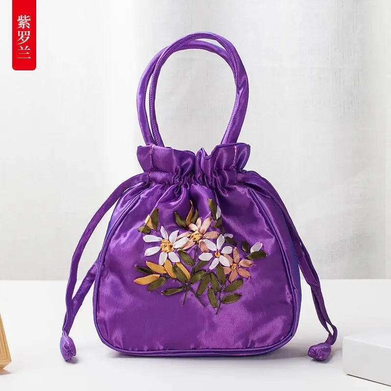 Women Bucket Bag Top Handle Ladies Handbag Phone Bag Summer Small Purse National Style Embroidered Flower Pattern Drawstring Bag