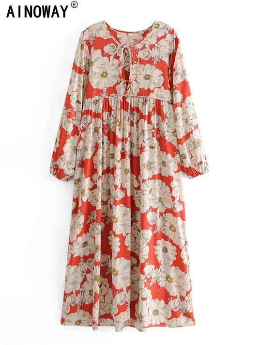 Ethnic Multi Floral Print Vintage Chic Women Long Sleeve Tie Neck Beach Bohemian Maxi Dresses Ladies Rayon Boho Dress Vestidos