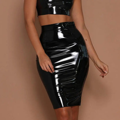 Women PU Leather Skirt High Waist Bodycon Pencil Midi Skirts Dress Club Party Sexy Lady Outfits Knee Length Hip Wrap Skirt Short