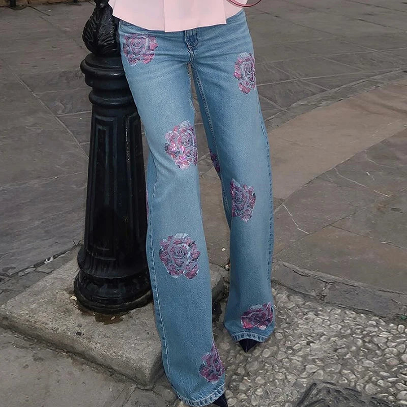 Retro Floral Rhinestone Denim Women's Pants Fashion High-Waist Straight Famale Jeans Spring New Design Streetwear Trousers