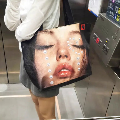 New Stylish Large-capacity Waterproof Shoulder Bag - Creative Women's Face-print Handbag - DuPont Paper Large Shopping Bag