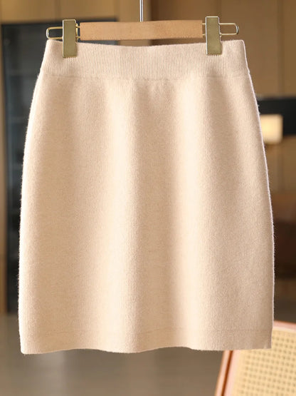 Women Wool Skirts Autumn Winter Office Lady Mini Slim Fit Skirt Elastic Waist 100% Merino Wool Knitted Cashmere Above Knee Dress