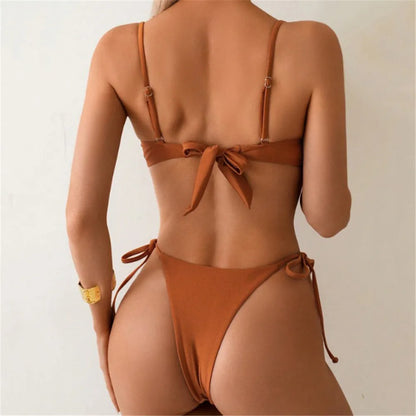 Metal Ring Swimwear Brown String Back Knotted Bikinis Sets Micro Thong Sexy Swimsuit Women 2026 Bathing Suit Bikini Biquinis