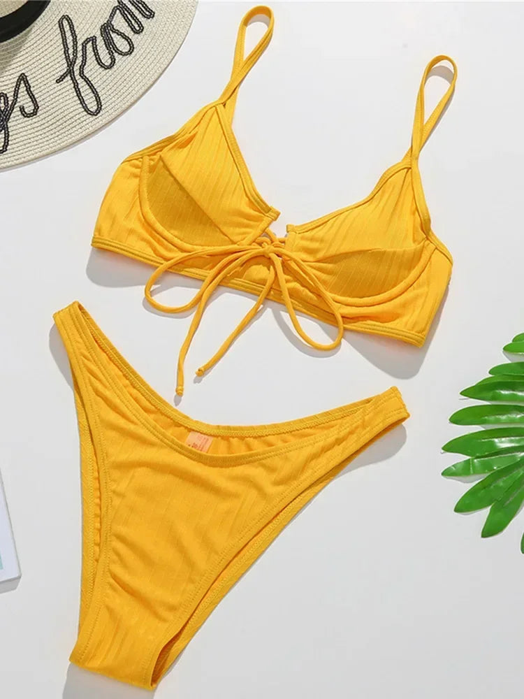 Ribbed Underwired V-Bar Bikini 2025 Women Swimsuit Female Swimwear Two Pieces Bikini Set Knotted Push Up Bathing Suit Swim Lady