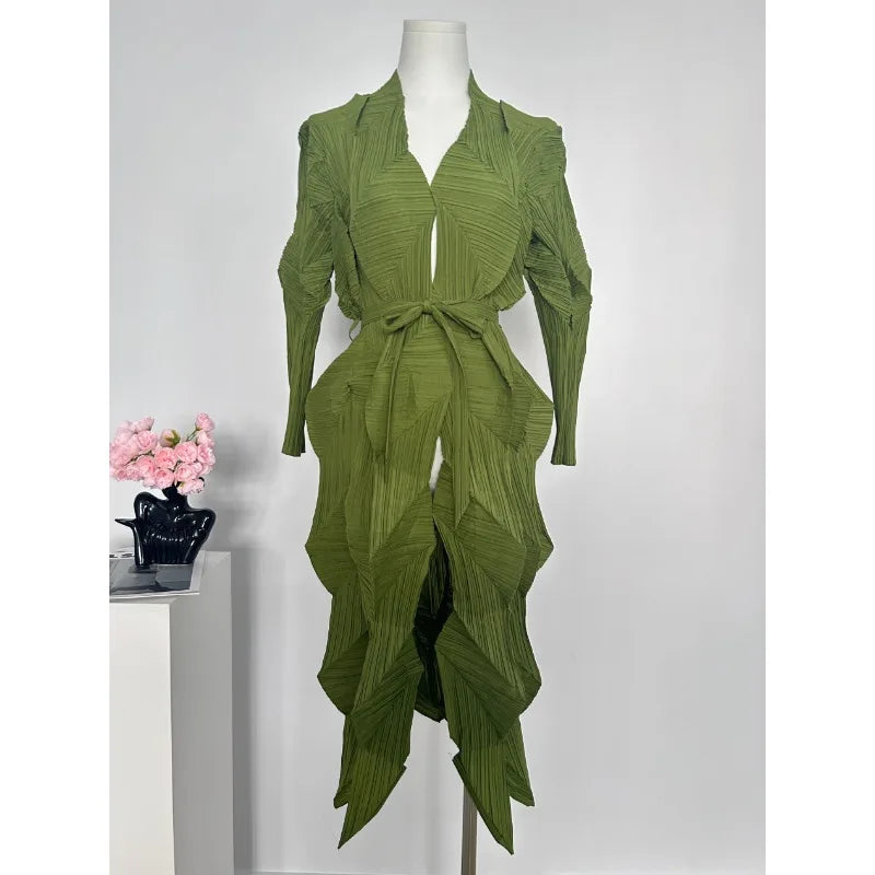 Miyake Solid Color Bud Jacket New Pleated Irregular Loose Large Size Long-sleeved Cardigan Simple Loose and Stretchy Commuter