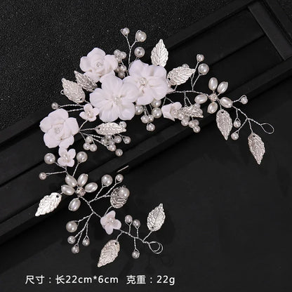 Ceramic Flowers Wedding Headbands for Bride Crystal Pearls Hairbands Women Hairpins Bridal Headpiece Hair Jewelry Accessories