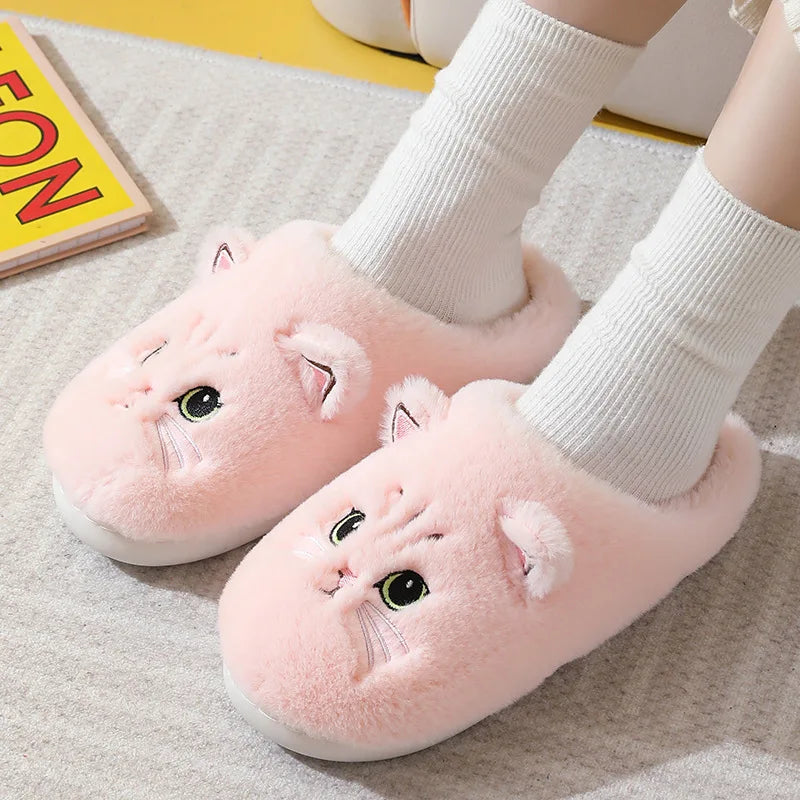Winterwarme Hausschuhe für Damen, flauschig, mit Katzenmotiv, Cartoon-Fell, Plüsch, für drinnen, bequem, wärmend, flach, Flip-Flop