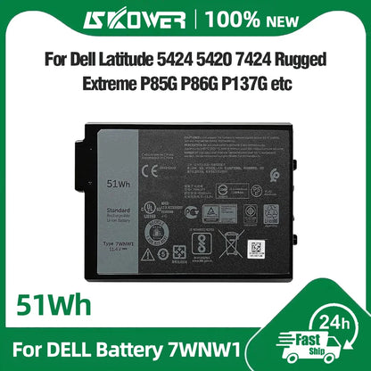 51Wh 7WNW1 Laptop Battery for Dell Latitude 5420 5424 7424 Rugged Extreme P85G P86G P85G001 P86G001 GK3D3 DMF8C