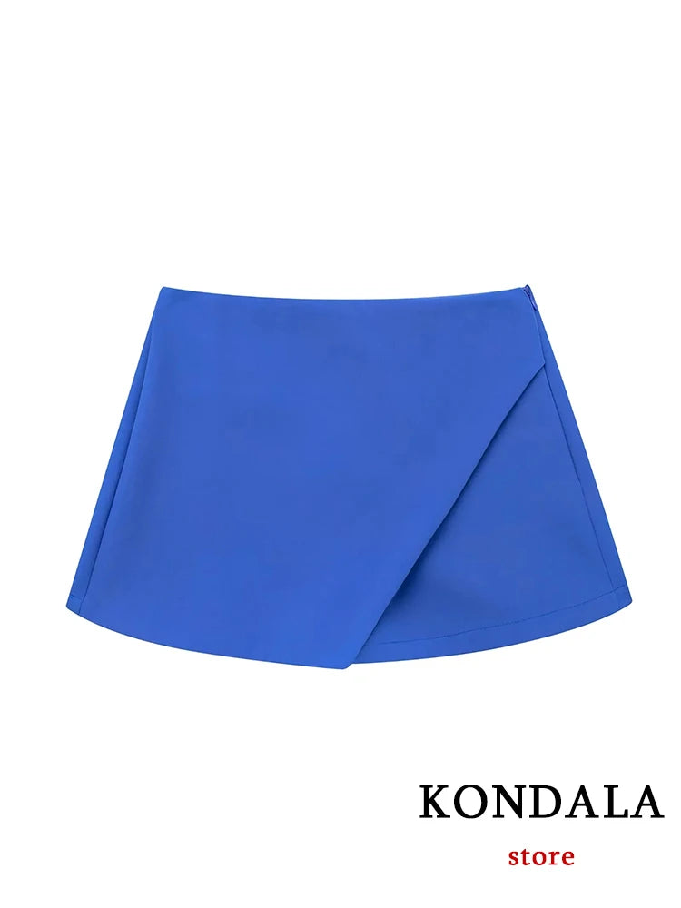 KONDALA Women Fashion 2025 Casual Mini Asymmetrical Skirts Shorts High Waist Back Pockets Wide Leg Skirts Zipper Female Shorts