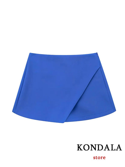 KONDALA Women Fashion 2025 Casual Mini Asymmetrical Skirts Shorts High Waist Back Pockets Wide Leg Skirts Zipper Female Shorts
