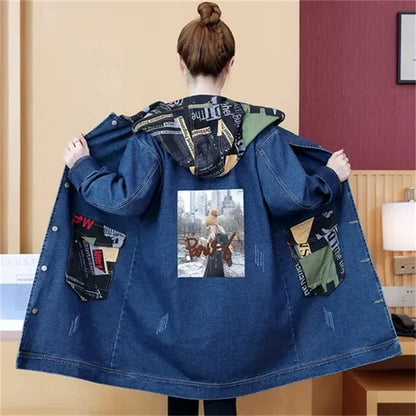 2025 Spring Autumn Denim Jacket Women Hooded Windbreaker Cartoon Printed Coat Long Outerwear Female Oversize 5XL Loose Overcoat