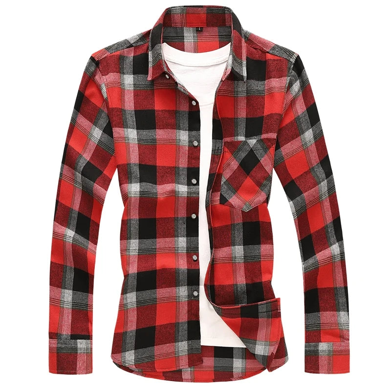 2026 New Men's Long Sleeved Plaid Shirt, with Two Chest Pockets Single Breasted Lapel Cotton Shirts Big Size Male Top Chemise