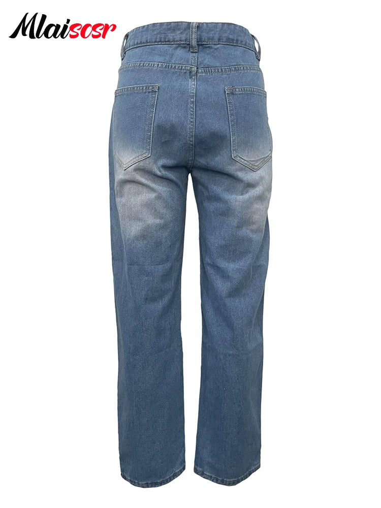 Mlaiscsr Harajuku Print Diamond Patchwork Baggy Jeans Women Mid Waist Button Pocket Denim Wide Leg Pants y2k Birthday Trousers