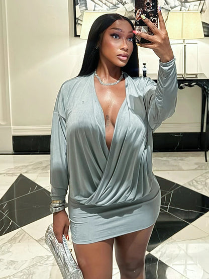 Weird Puss Sexy V-Neck Dress Women Elegant Peach Hip Full Sleeve Autumn Fashion 2025 Banquet Party Clubwear Skinny Mini Bodycon