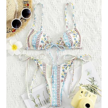BIQIUYYI New Floral Print String Bandage Bikinis Triangle Cup Push Up Swimsuit Women Bathing Suit Beachwear Halter Swimwear XS