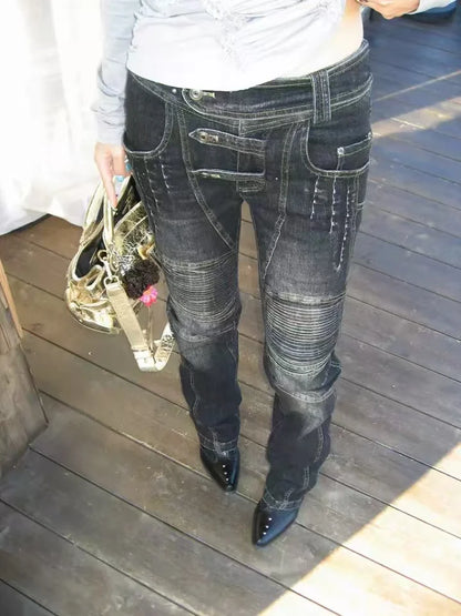 American Street Oversize Washed Retro Heavy Industry Motorcycle Jeans Women Low Waist Slim Fit Distressed Pleat Scratched Jeans