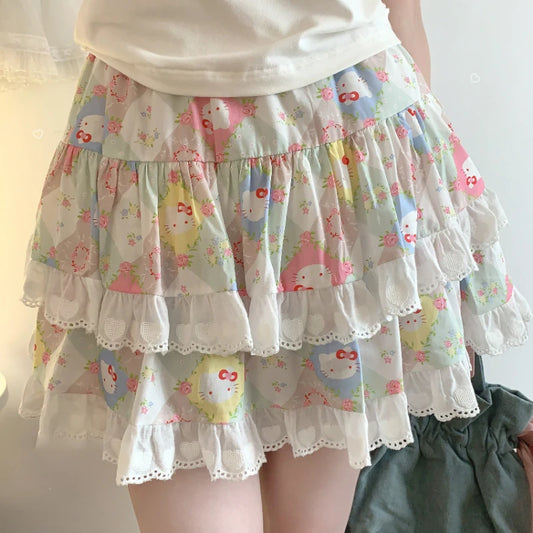 Korean Fashion Sweet Lolita Style Mini Skirt Women Cute Cat Print Layered Lace Cake Skirts Girly Japanese Kawaii Y2k Short Skirt