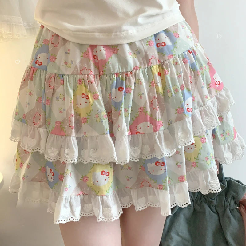 Korean Fashion Sweet Lolita Style Mini Skirt Women Cute Cat Print Layered Lace Cake Skirts Girly Japanese Kawaii Y2k Short Skirt